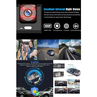 Crow'S Tech 1080P Dash Cam Full Hd Araç Içi Kamera Ön Arka ve Iç Kayıt 3 Kamera Gece Görüşlü G Sensör Geniş — 2. ürün görseli