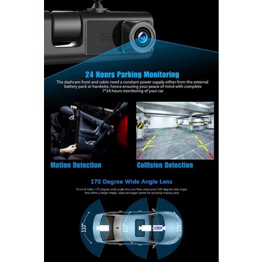 Crow'S Tech 1080P Dash Cam Full Hd Araç Içi Kamera Ön Arka ve Iç Kayıt 3 Kamera Gece Görüşlü G Sensör Geniş — 4. ürün görseli