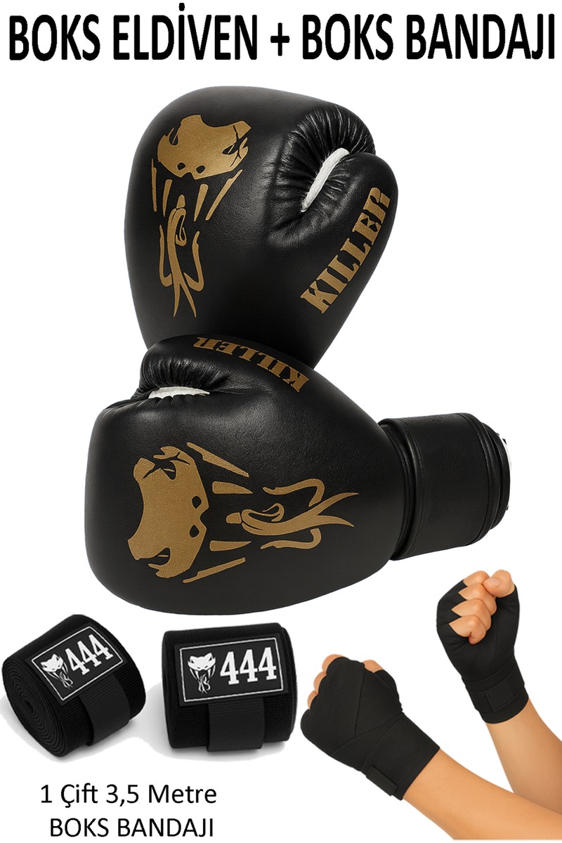 444 Marka Kıller Boks Eldiveni ve Bandaj Seti Boxing Gloves + Boks Bandajı Kick Boks Eldiveni Muay Thai