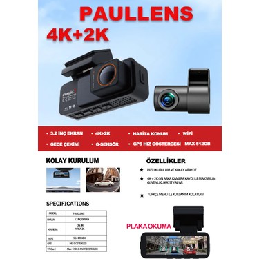 Paul 4K Yapay Zekalı Araç Kamerası Ön Arka Plaka Okuma, Hız Göstergesi, Gps Harita, Adas, 5g — 3. ürün görseli