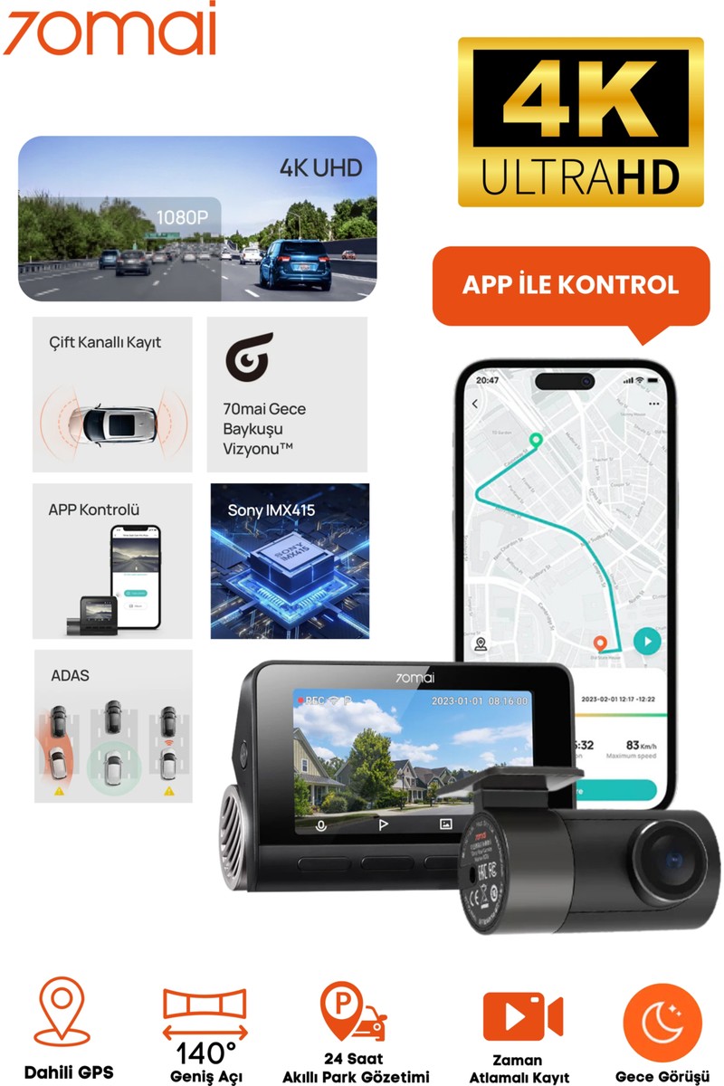 70MAI A800s 4k Araç Içi Kamera Rc06 Arka Kamera