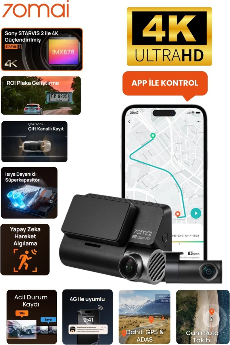 70MAI A810S Ön Kamera + RC24 Arka Kamera 4K Ultra HD Geniş Açı ile Yüksek Çözünürlük