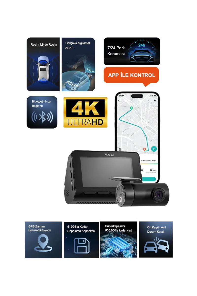 70MAI Araç Kamerası A800SE-1,4K Ultra Hd Çözünürlük,4k Ön ve