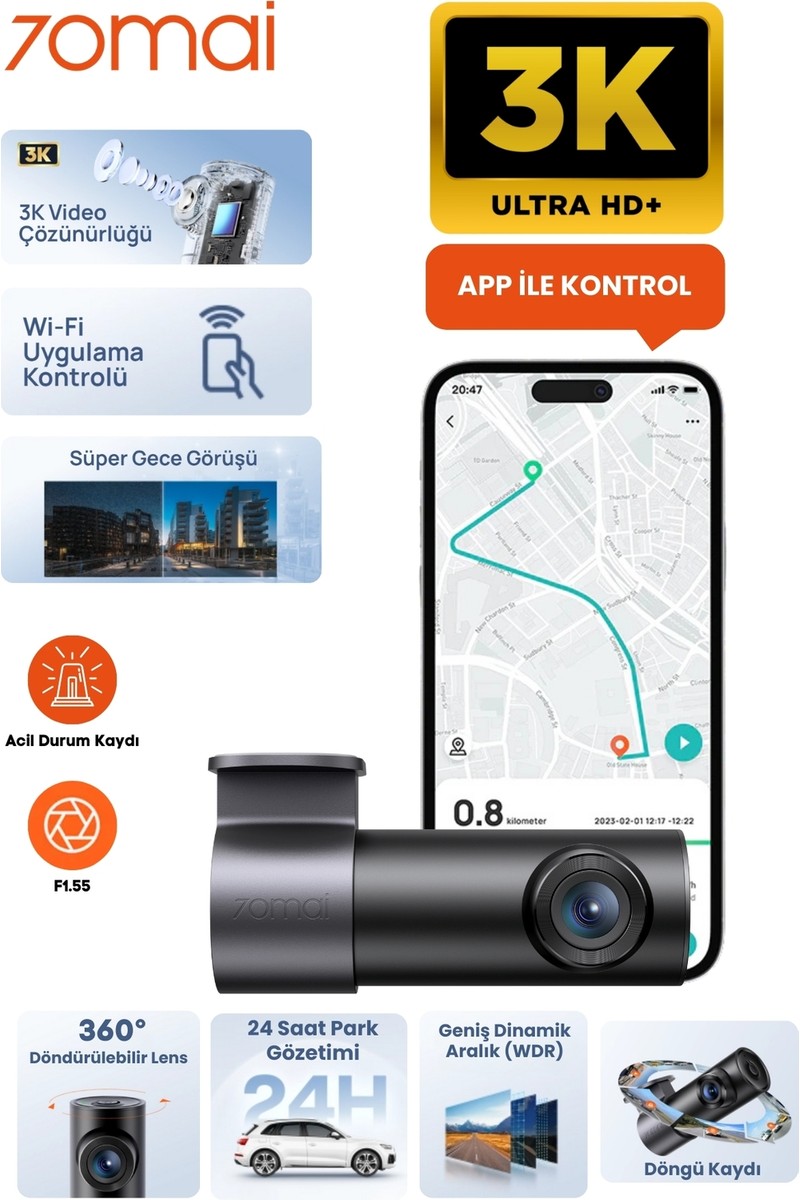 70MAI M310 Plus 3k Ön Araç Kamerası 139° Geniş Açı Lens ile Gece Görüş Özelliği