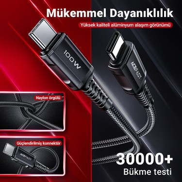 Acefast Acefast USB-C to USB-C 2 Metre Kablo 5A -100W Güç PPS 2.0 - Super Hızlı Şarj - Apple Uyumlu Type-C — 5. ürün görseli