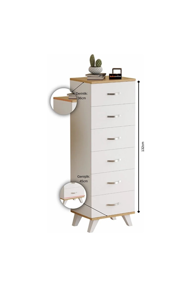 Aeka Aeka AE-3038 Belinda 6 Çekmeceli Beyaz Çam Şifonyer Komodin 132 45 36 cm — 2. ürün görseli