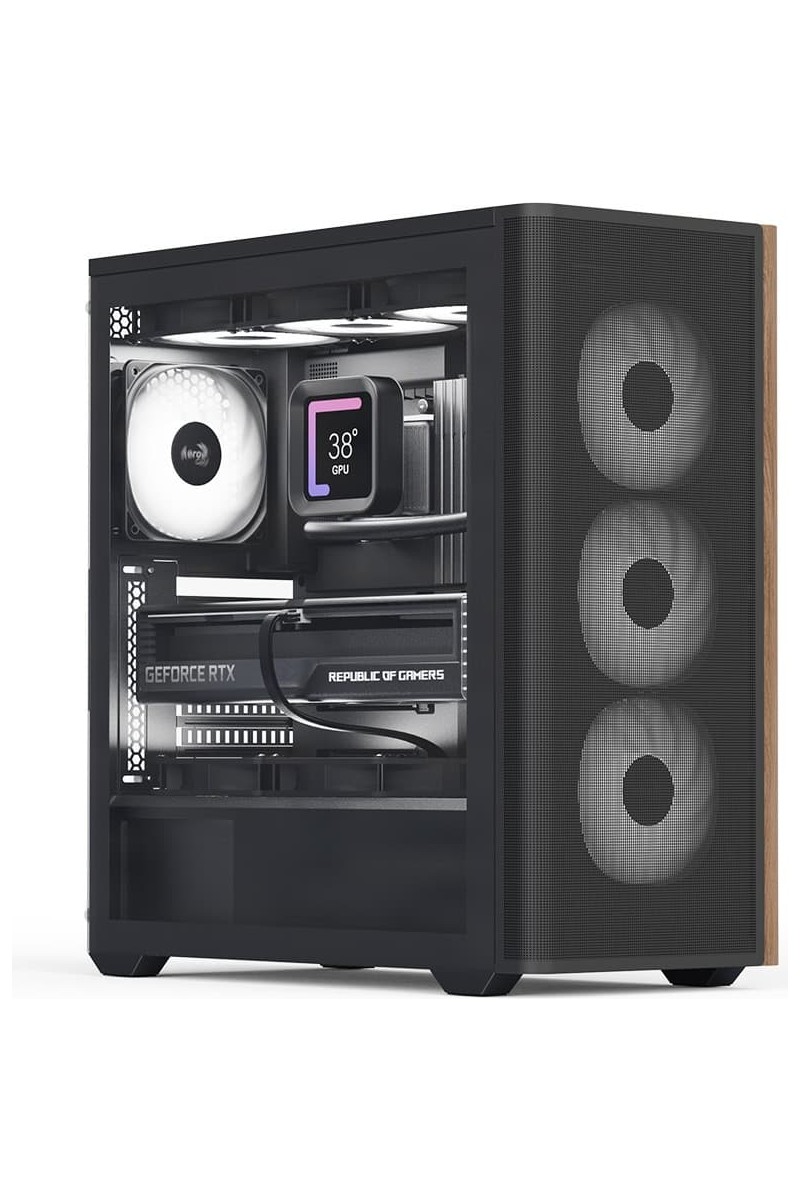 Aero Cool D501A Black 4X12CM A-Rgb Fanlı, Ahşap Ön Panel Detaylı, Tempered Cam Yan ve Mesh Ön Panel, USB Type-C, Atx Bilgisayar Kasası (AE-D501A-BK)