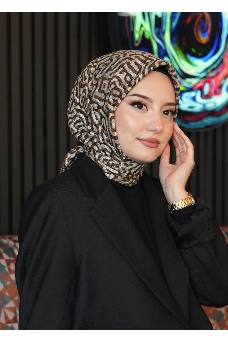 Afvente Labirent Desen Kahverengi Soft Pamuk Eşarp