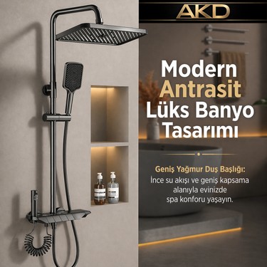 AKD AKD Piyano Duş Seti Antrasit, 2 Fonksiyonlu Tepe ve El Duşlu, Tuşlu, Taharetmatikli ABS Duş — 2. ürün görseli