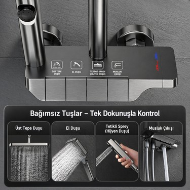 AKD AKD Piyano Duş Seti Antrasit, 2 Fonksiyonlu Tepe ve El Duşlu, Tuşlu, Taharetmatikli ABS Duş — 5. ürün görseli