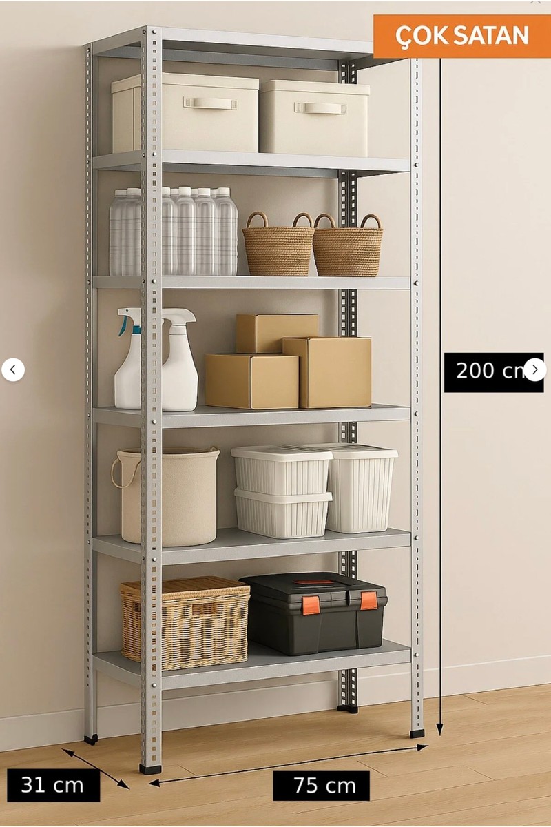 Alanraf 6 Katlı Galvaniz Çelik Raf - Depo, Arşiv, Kiler, Dosya, Market Rafı 31X75 CM-200 Cm-0.70 mm