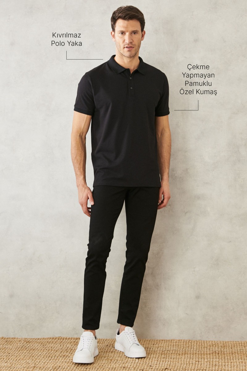 Altınyıldız Altınyıldız Classics AC&Co / Altınyıldız Classics Erkek Çekmeyen Pamuklu Kumaş Slim Fit Dar Kesim Simsiyah Kıvrılmaz Polo Yaka T-shirt — 3. ürün görseli