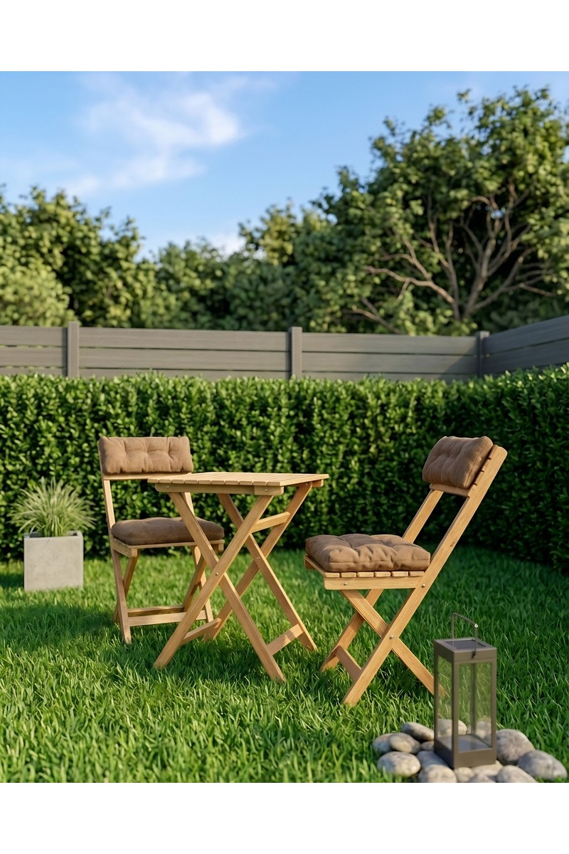 Ardora Home Duo Balkon Bahçe Mutfak Katlanır Masa Bej Rengi Minderli Sandalye Bistro Set
