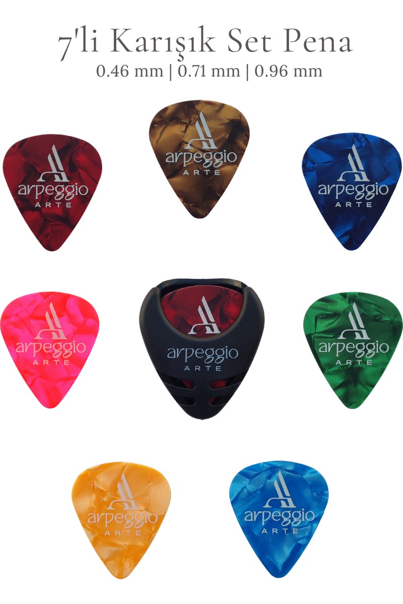 Arpeggio Arte 7’li Gitar Pena Seti | Selüloid | 0.46 - 0.71 - 0.96 mm | Karışık Renk | Pena Şarjörü Hediye!