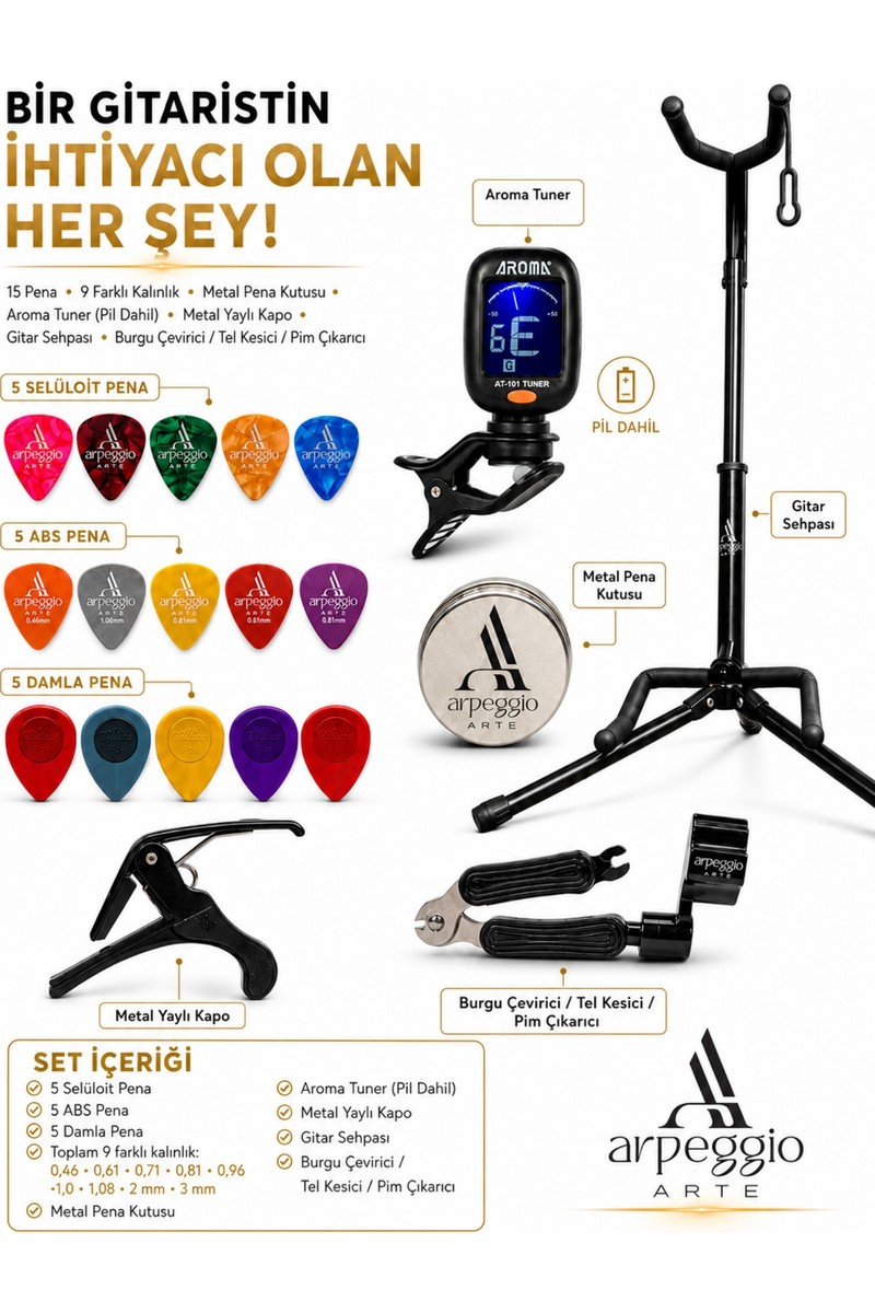 Arpeggio Arte Bir Gitaristin Ihtiyacı Olan Her Şey 20 Parçalı Gitar Aksesuar Seti - 15 Pena, Aroma Tuner, Metal Kapo, Gitar Sehpası, Metal Pena Kutusu, Tel Çevirici