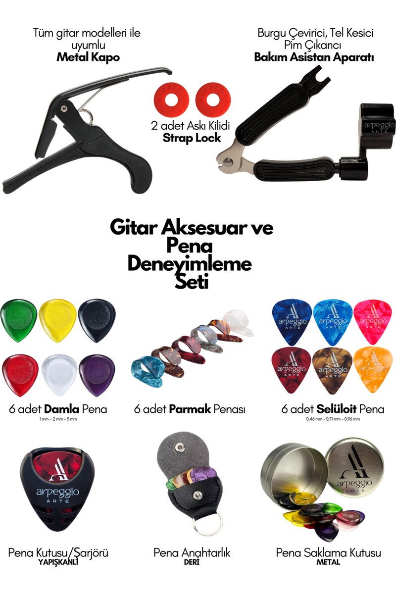 Arpeggio Arte - Gitar Aksesuar ve Pena Seti – Kapo, Burgu Çevirici, Pena Anahtarlık, Strap lock
