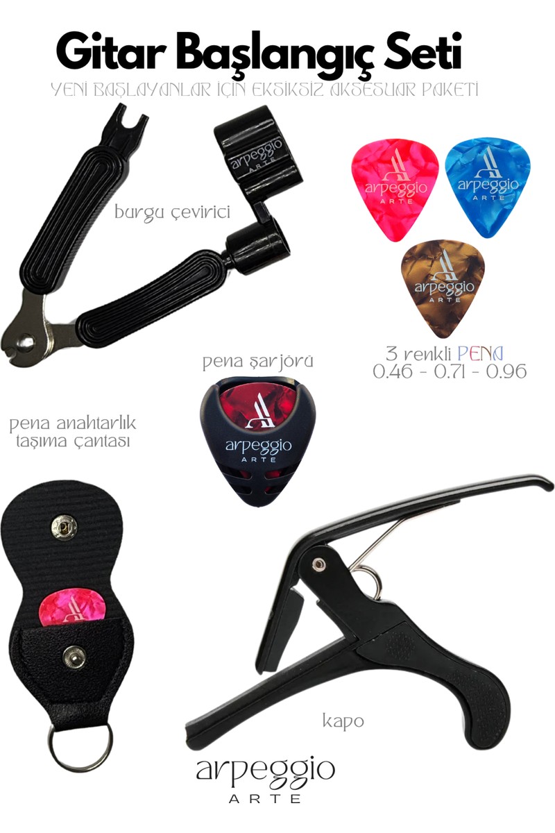 Arpeggio Arte Gitar Başlangıç Seti | Burgu Çevirici, Kapo, 3 Adet Pena, Taşıma Çantası, Pena Şarjörü