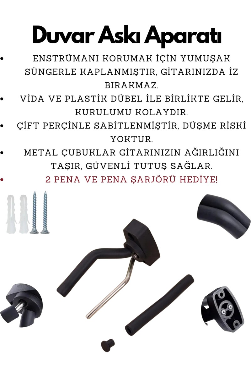 Arpeggio Arpeggio Arte Gitar Duvar Askı Aparatı | Vidalı, Süngerli Tutucu | Keman & Ukulele & Saz Uyumlu | 2 Adet Pena ve Pena Şarjörü Hediyeli! — 2. ürün görseli