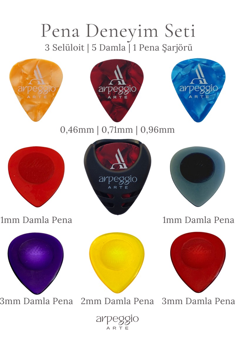 Arpeggio Arte Gitar Pena Deneyim Seti – 3 Selüloid Pena - 5 Damla Pena - Pena Şarjörü Hediyeli
