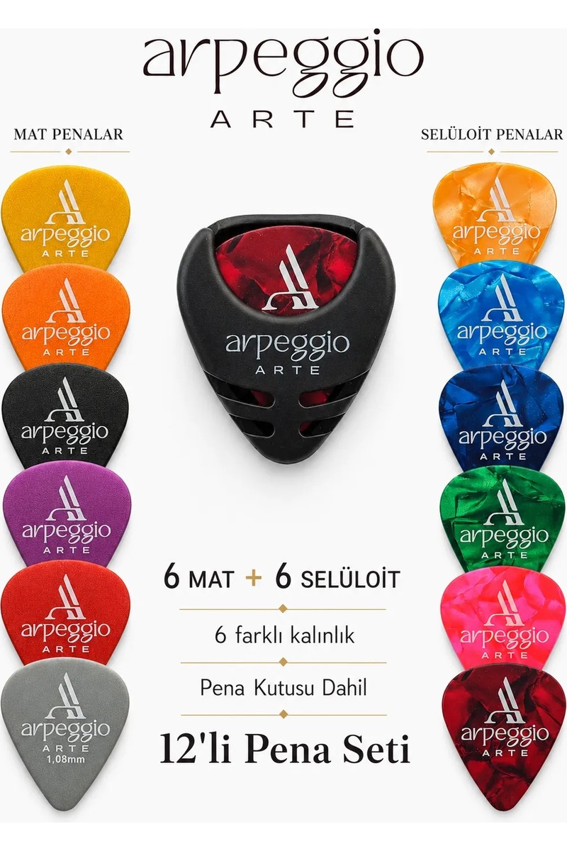 Arpeggio Arte Gitar Penası Seti 12’li – 6 Farklı Kalınlık – Pena Kutusu Dahil
