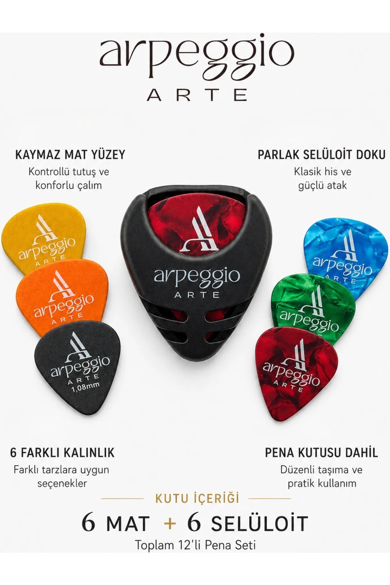 Arpeggio Arpeggio Arte Gitar Penası Seti 12’li – 6 Farklı Kalınlık – Pena Kutusu Dahil — 2. ürün görseli