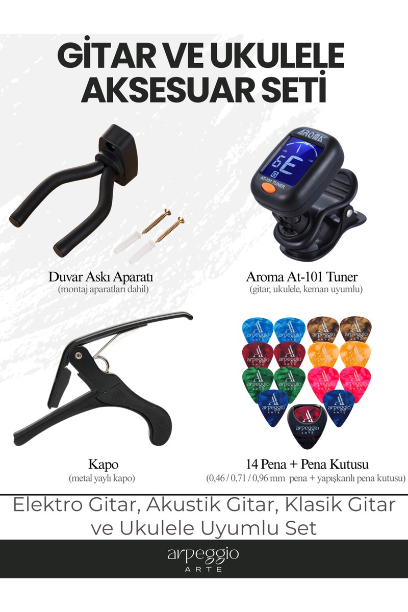Arpeggio Arte Gitar & Ukulele Aksesuar Seti | Tuner (Akort Cihazı) + Metal Kapo + Gitar Duvar Askı Aparatı + 14 Karışık Renk Pena (0,46-0,71-0,96)