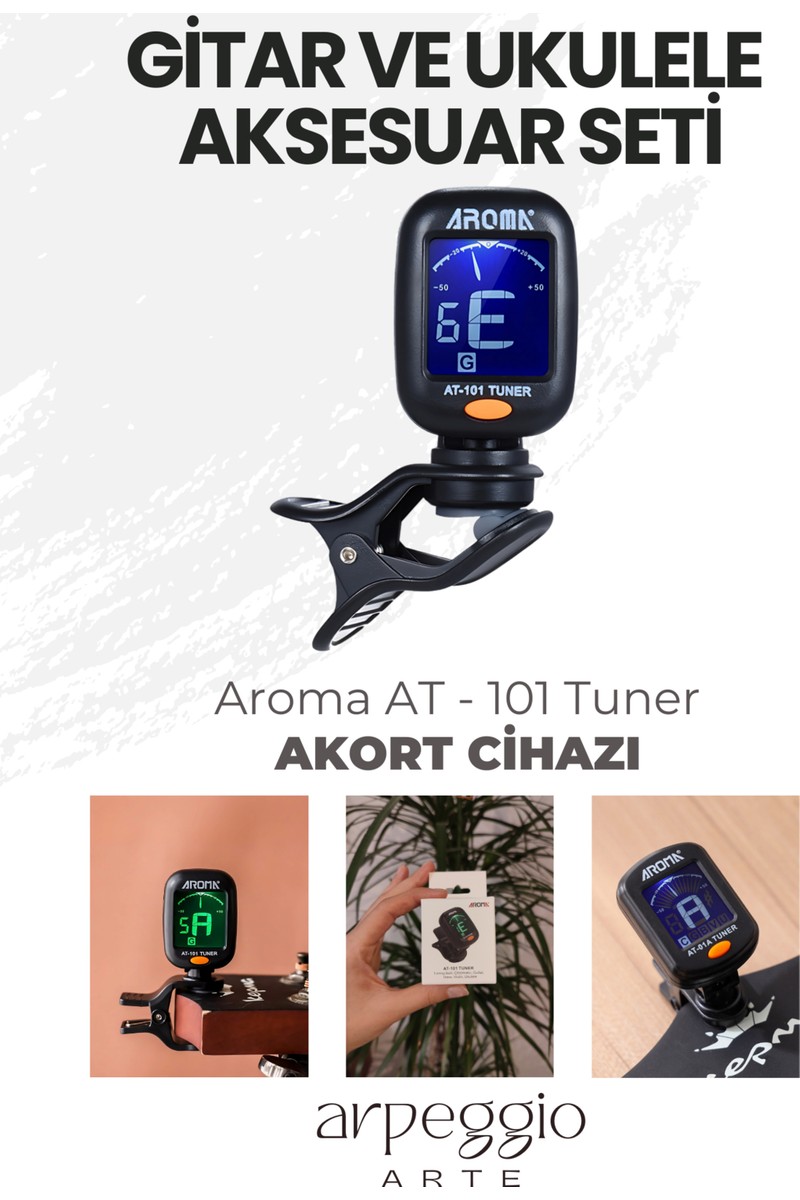 Arpeggio Arpeggio Arte Gitar & Ukulele Aksesuar Seti | Tuner (Akort Cihazı) + Metal Kapo + Gitar Duvar Askı Aparatı + 14 Karışık Renk Pena (0,46-0,71-0,96) — 2. ürün görseli