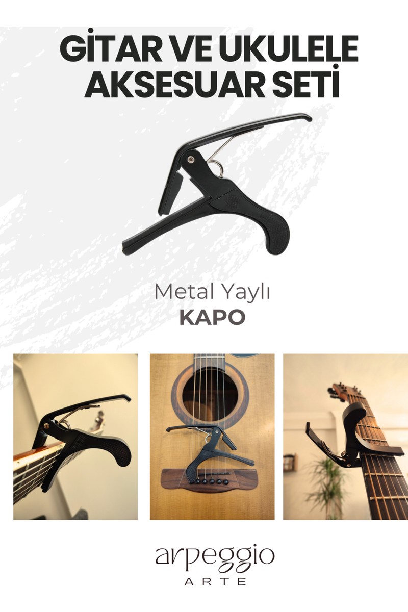 Arpeggio Arpeggio Arte Gitar & Ukulele Aksesuar Seti | Tuner (Akort Cihazı) + Metal Kapo + Gitar Duvar Askı Aparatı + 14 Karışık Renk Pena (0,46-0,71-0,96) — 3. ürün görseli