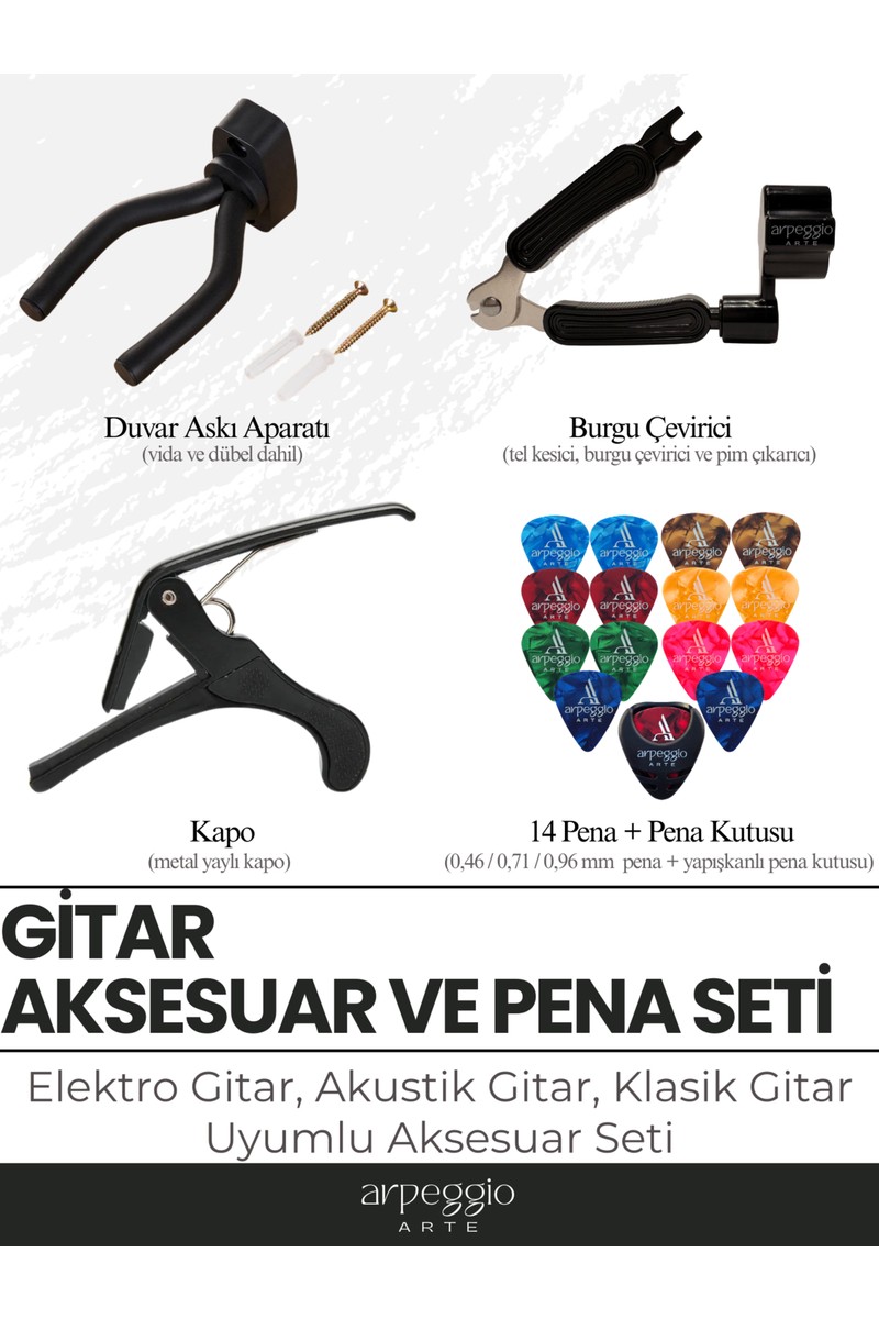 Arpeggio Arte Gitaristin Yol Arkadaşları Seti - Kapo | Duvar Askısı | 3in1 Burgu Çevirici - Tel Kesici - Pim Çıkarıcı Aparat | 14 Renkli Pena (0,46MM, 0,71MM, 0,96MM) - Gitar Aksesuar Seti