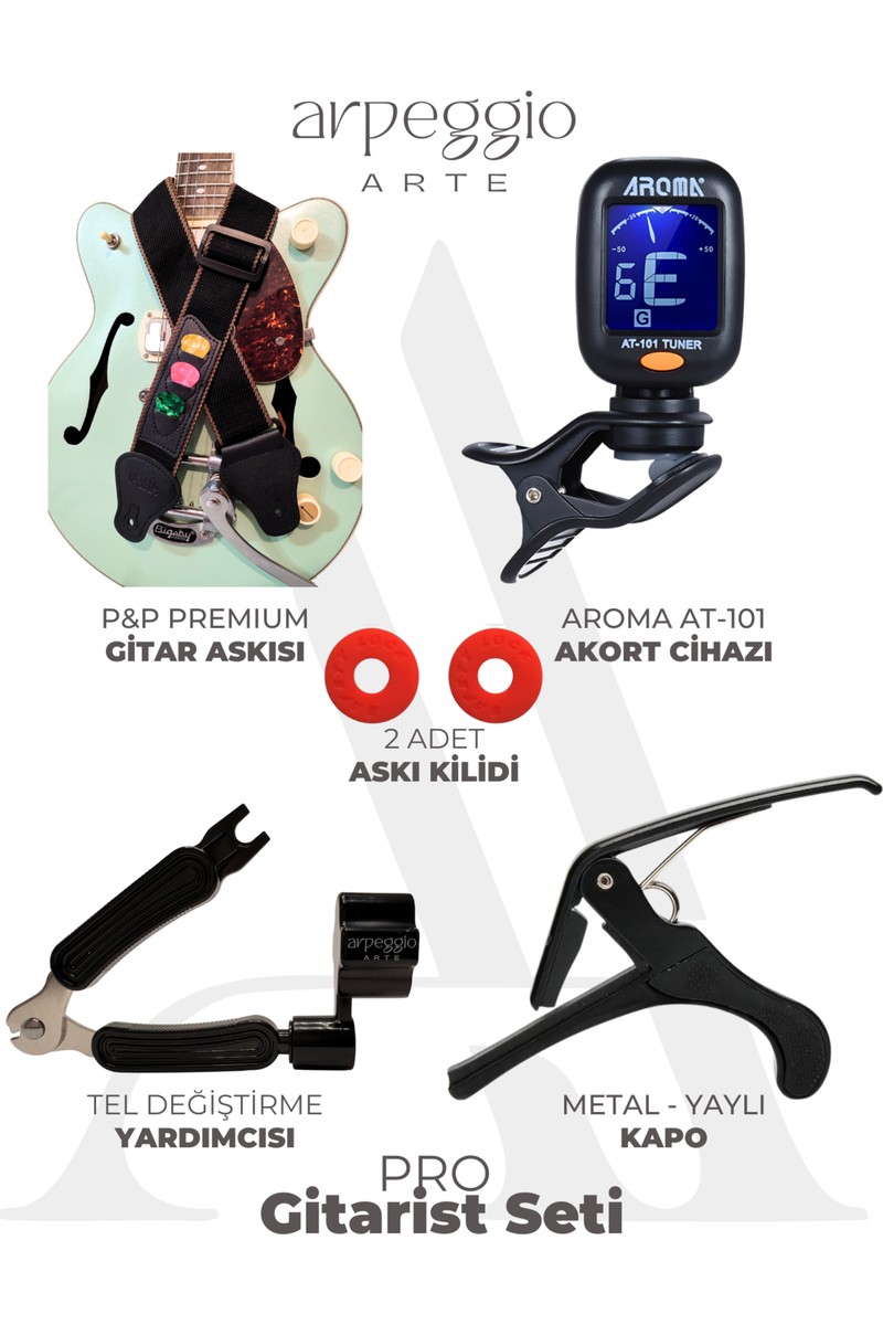 Arpeggio Arte Pro Gitarist Seti – Gitar Askısı, Akort Cihazı, Kapo, Tel Değiştirme Yardımcısı, Askı Kilidi