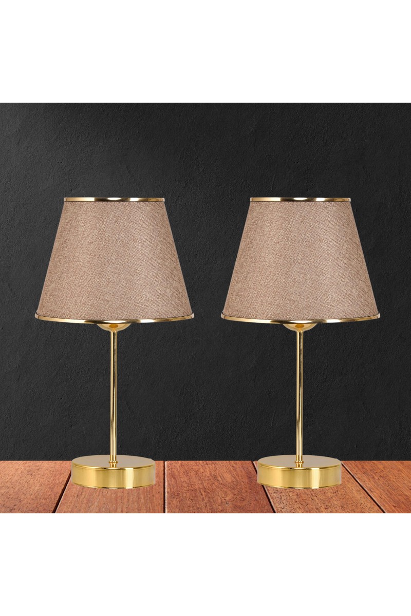 Art&Gift Art&Gift Star Gold Ayaklı Abajur Şeritli Kumbeji Kumaş Başlık Yatak Odası Salon Masa Lambası 2 Adet fiyatı ve görseli