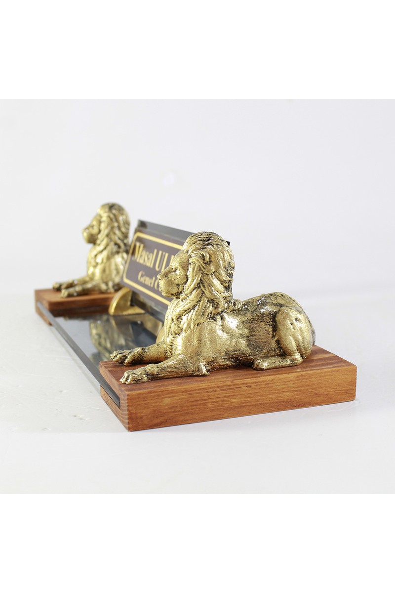 Art Online Altın Sarı Çift Aslanlı Premium Cam Masaüstü İsimlik 30cmx12cm Şık Tasarım