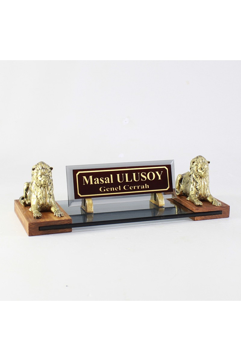 Art Art Online Altın Sarı Çift Aslanlı Premium Cam Masaüstü İsimlik 30cmx12cm Şık Tasarım — 2. ürün görseli