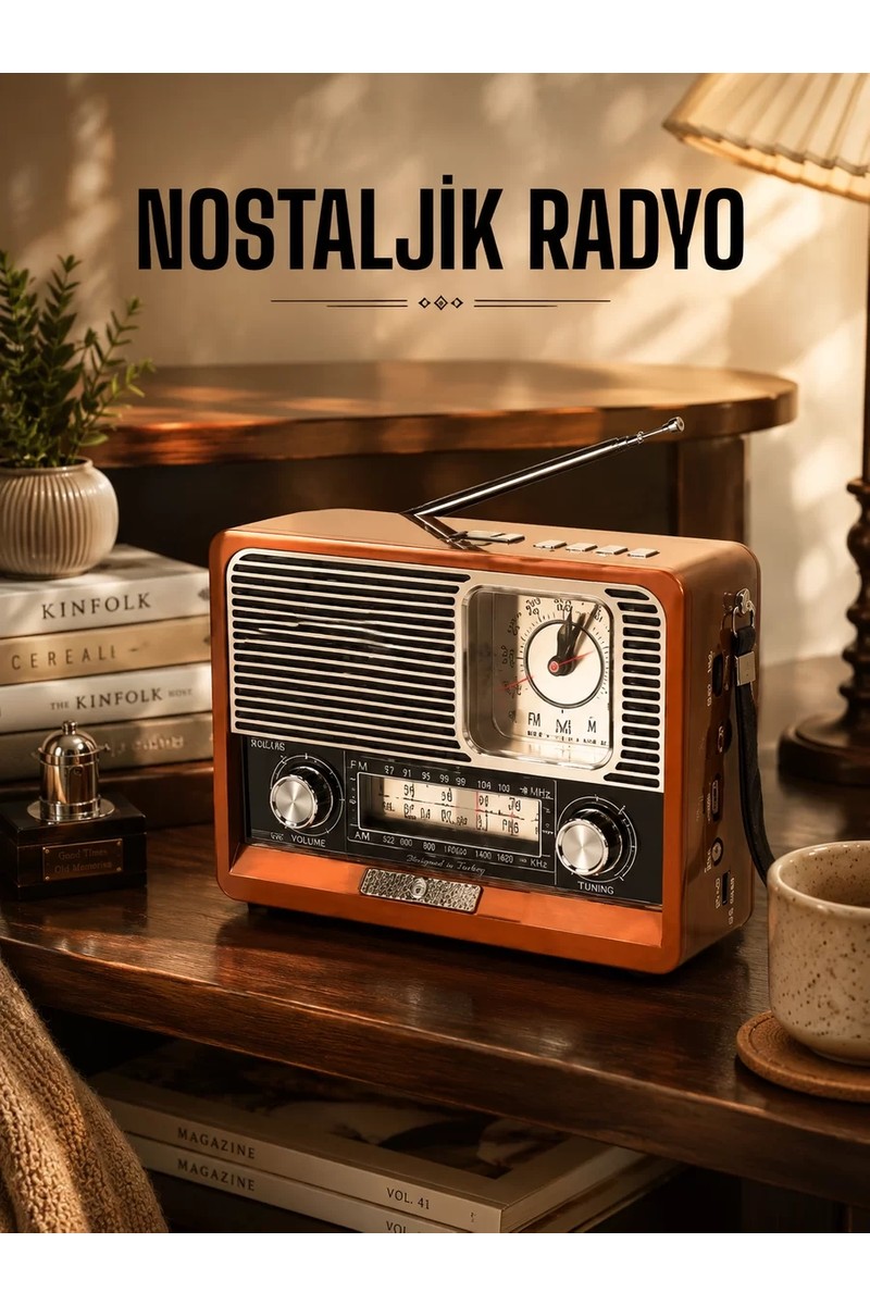 Aslanoğlu Store Ahşap Görünümlü Retro Bluetooth Radyo Usbaux ve Sd Kart Girişli