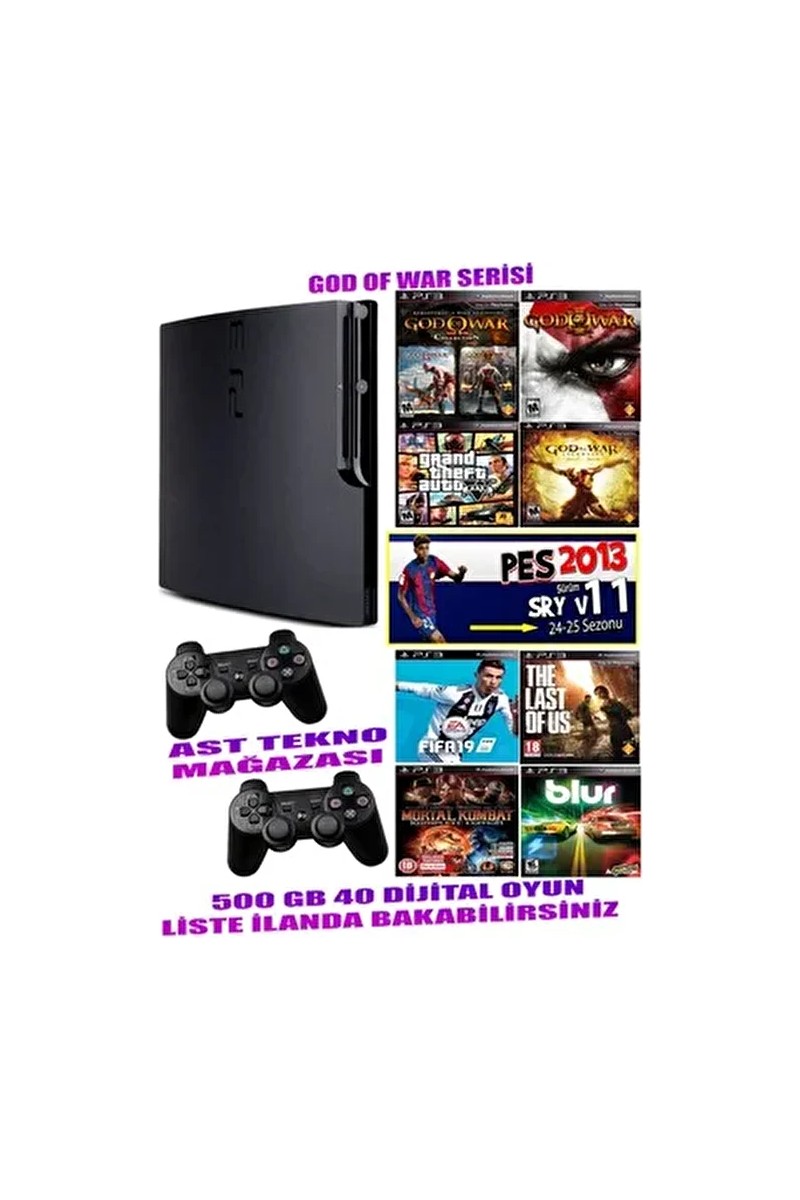 AST Sony Playstation 3 Slim 500 GB 2 Kablosuz Kol ve 40 Dijital Oyun ile Yüksek Performanslı Yenilenmiş Oyun Konsolu