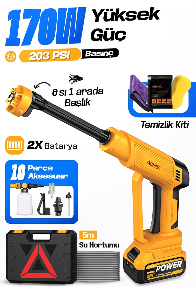 Auhma Acr-10 Şarjlı Araç Yıkama Makinesi Sarı 203 Psı 170W Basınçlı Oto Yıkama Seti | 3820 Fırçasız Motor, Çantalı, 2 Bataryalı, Köpük Hazneli, 5 Metre Hortumlu