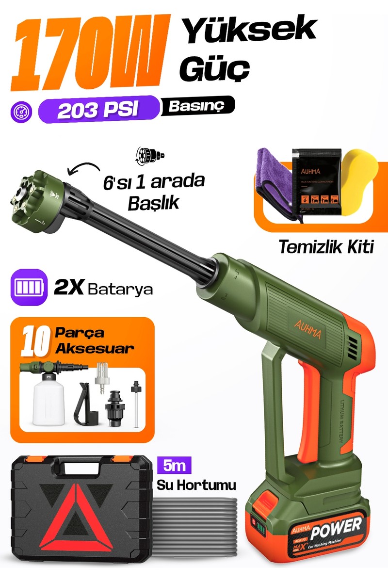 Auhma Acr-10 Şarjlı Araç Yıkama Makinesi Yeşil 203 Psı 170W Basınçlı Oto Yıkama Seti | 3820 Fırçasız Motor, Çantalı, 2 Bataryalı, Köpük Hazneli, 5 Metre Hortumlu