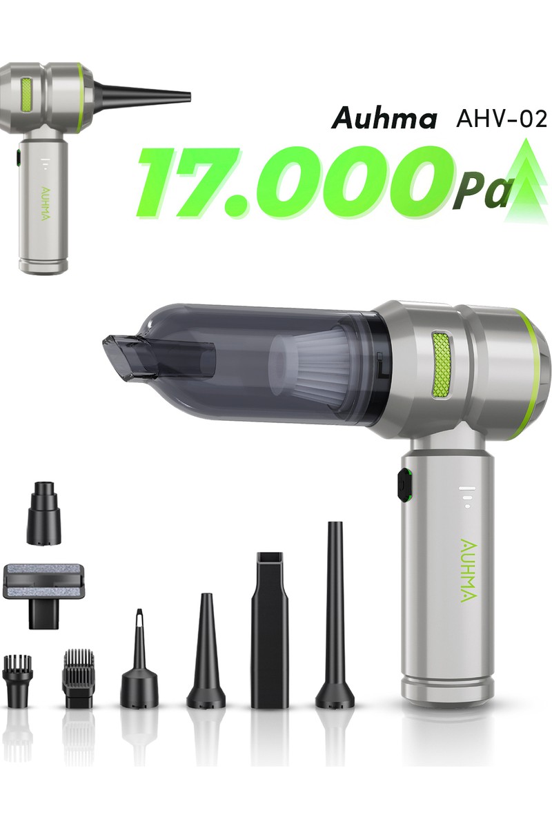 Auhma Ahv-02 Kablosuz Araç Içi Süpürge Yeşil | 17000PA Güçlü Vakum | Fırçasız Motor | Üfleme & Vakum Özellikli | 9 Başlık + Type-C Kablo