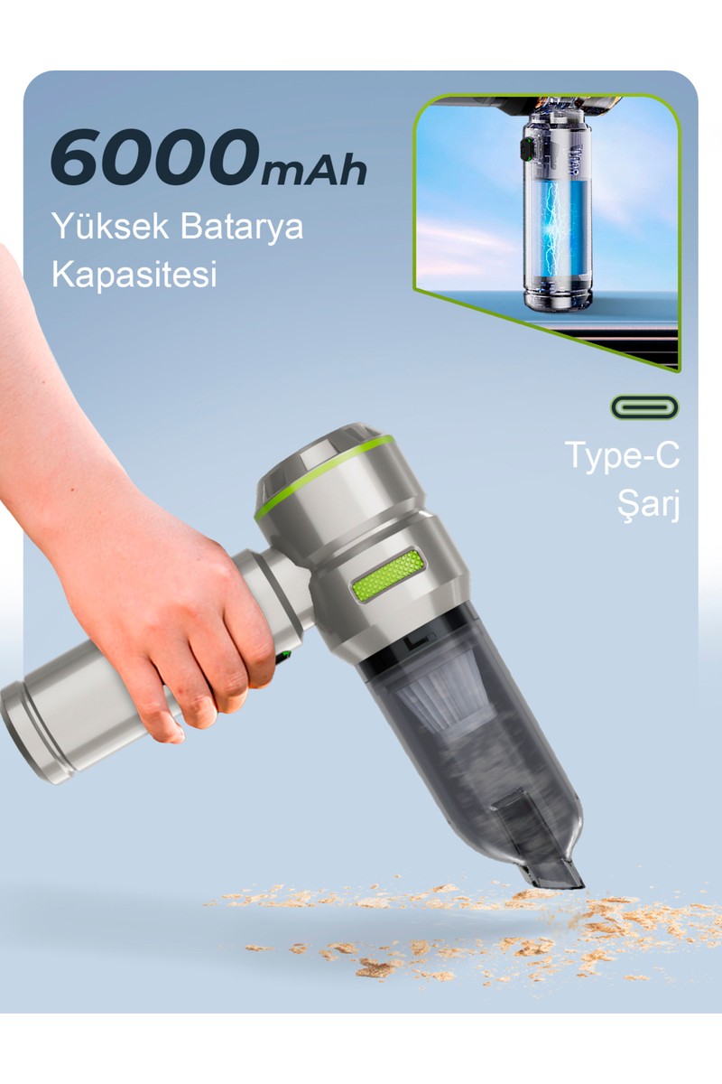 Auhma Auhma Ahv-02 Kablosuz Araç Içi Süpürge Yeşil | 17000PA Güçlü Vakum | Fırçasız Motor | Üfleme & Vakum Özellikli | 9 Başlık + Type-C Kablo — 3. ürün görseli