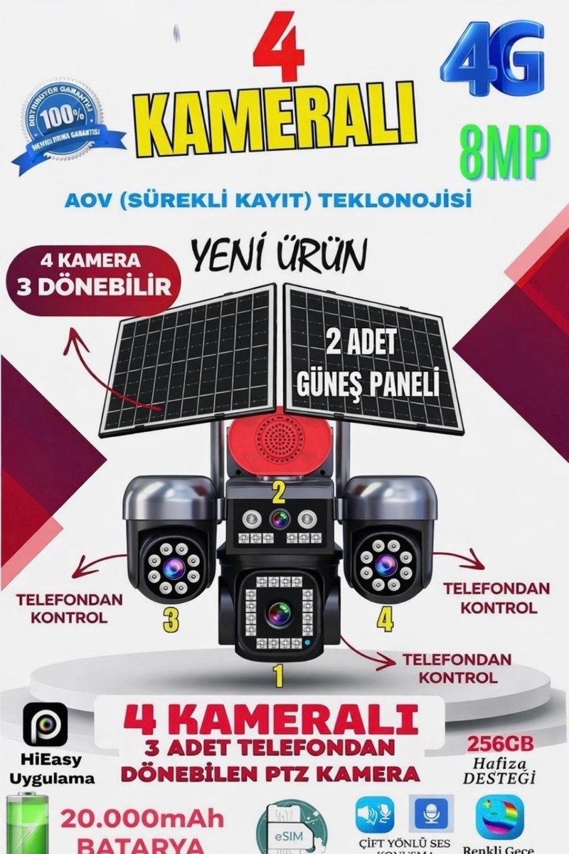 Avenir KRNTEKNO 4 Kameralı (3 Motorlu+ 1 Sabit) 12mp E Sim 4g Sim Kartlı Ptz Kamera | Gece Renkli Görüş