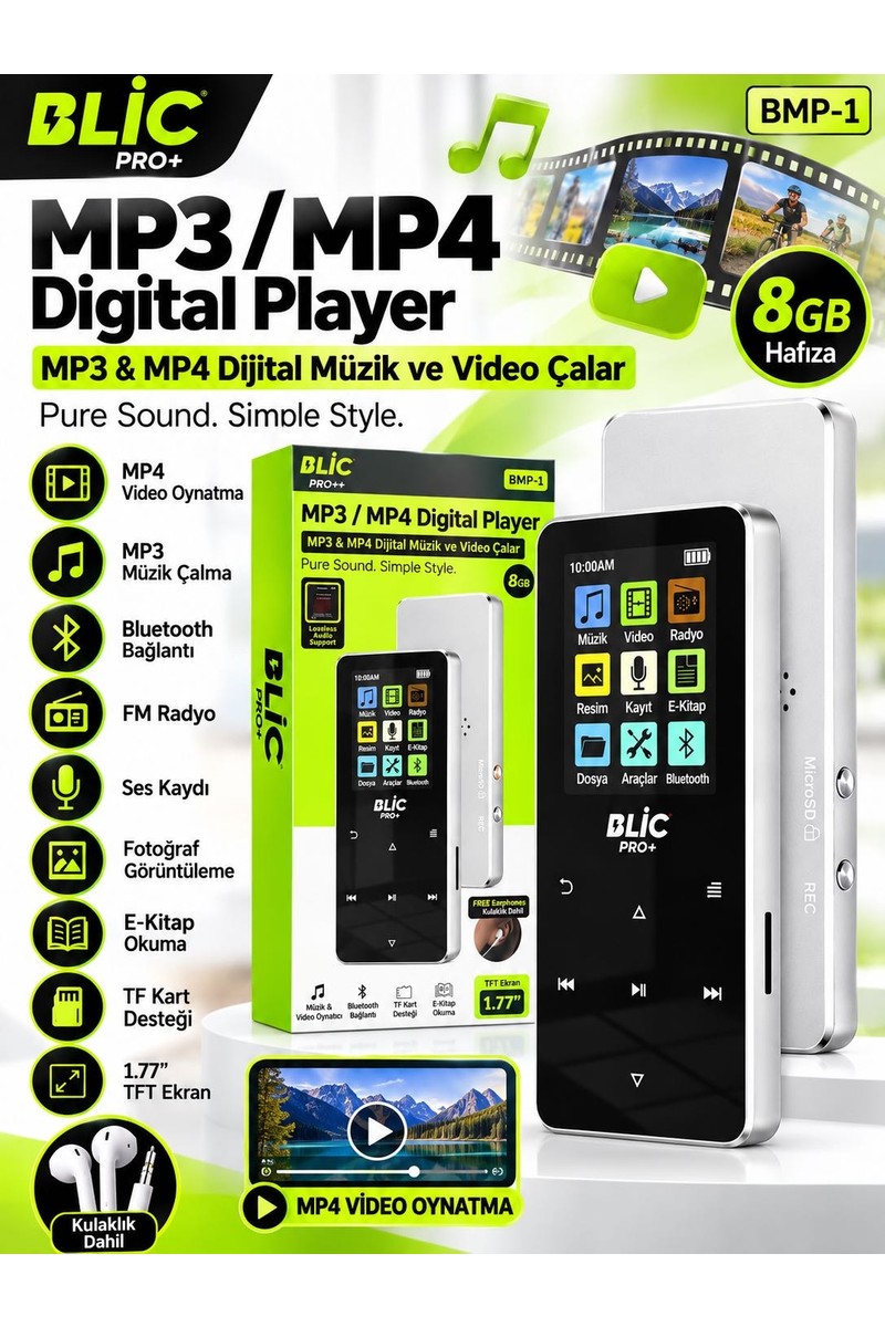 Azurtech Azurtech Bmp-1 8gb Mp3 Mp4 Dijital Müzik Video Çalar Bluetooth Fm Radyo Tft — 2. ürün görseli