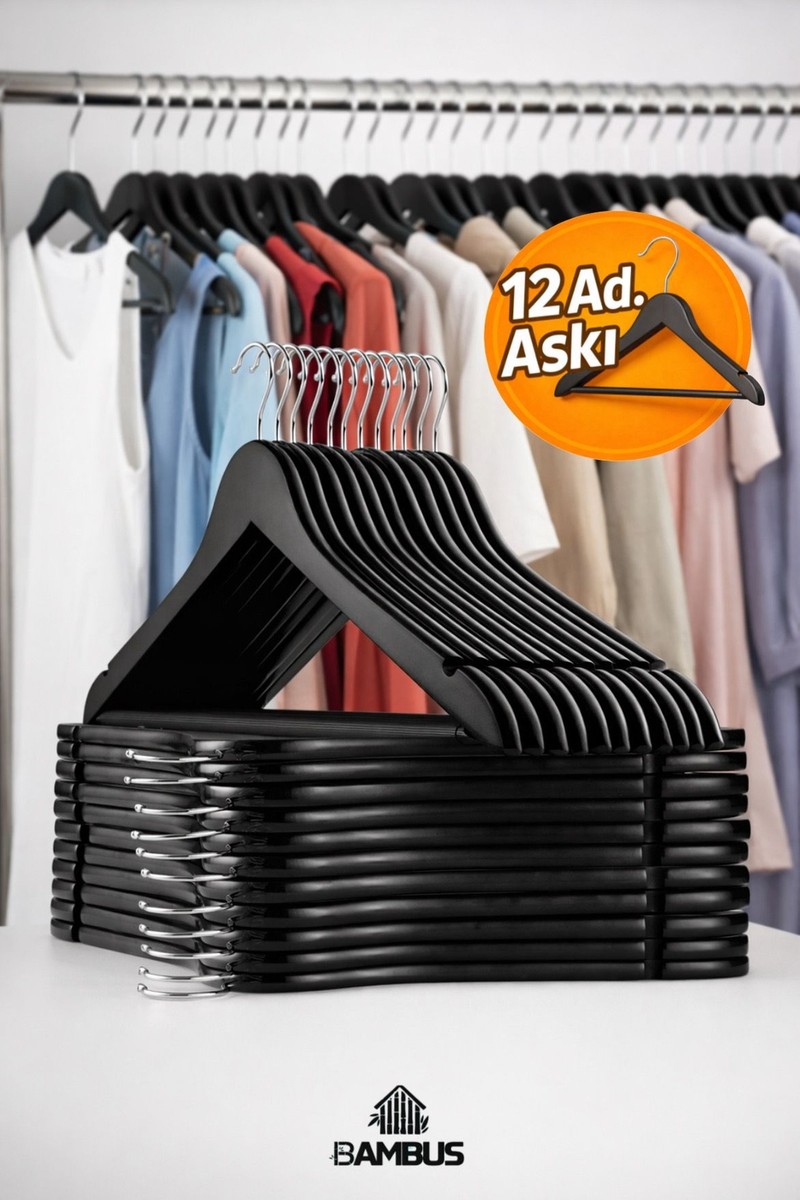 Bambus Home 12 Adet Siyah Ahşap Görünümlü Plastik Kaliteli Siyah Askı Pantolon Gömlek Askısı