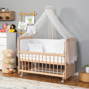 Bamgidoo Mobilya Bamgidoo Ahşap Anne Yanı Beşik - Doğal Bebek Beşiği 60X120-BEYAZ Güpür Uyku Seti Yatak fiyatı ve görseli
