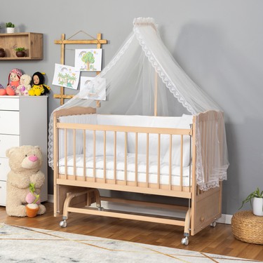 Bamgidoo Mobilya Bamgidoo Ahşap Anne Yanı Beşik - Doğal Bebek Beşiği 60X120-BEYAZ Güpür Uyku Seti Yatak — 2. ürün görseli