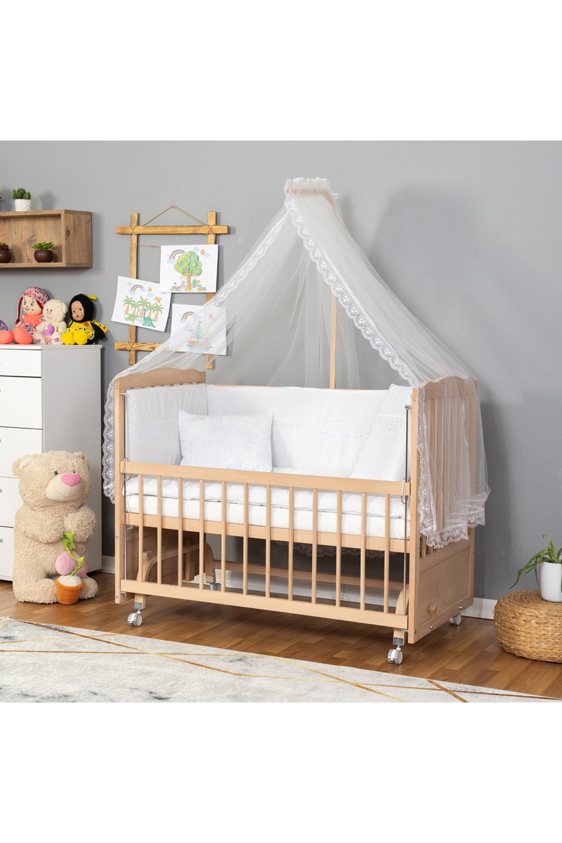 Bamgidoo Mobilya Bamgidoo Ahşap Anne Yanı Beşik - Doğal Bebek Beşiği 60X120-BEYAZ Güpür Uyku Seti Yatak — 6. ürün görseli