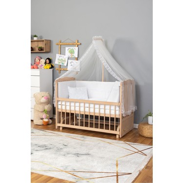 Bamgidoo Mobilya Bamgidoo Ahşap Beşik Anne Yanı Beşik Organik(Boyasız) 60X120-BEYAZ Güpür Uyku Seti + fiyatı ve görseli