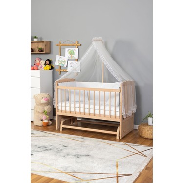 Bamgidoo Mobilya Bamgidoo Ahşap Beşik Anne Yanı Beşik Organik(Boyasız) 60X120-BEYAZ Güpür Uyku Seti + — 2. ürün görseli