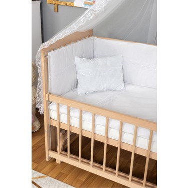 Bamgidoo Mobilya Bamgidoo Ahşap Beşik Anne Yanı Beşik Organik(Boyasız) 60X120-BEYAZ Güpür Uyku Seti + — 4. ürün görseli