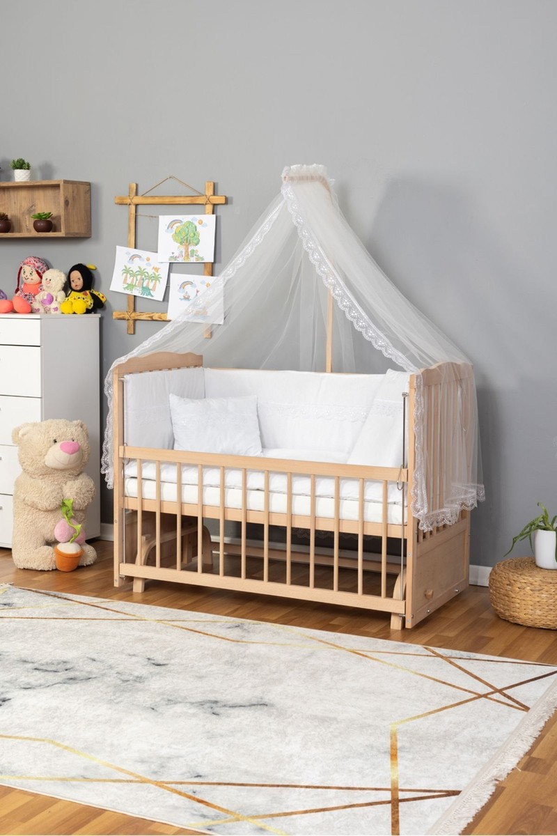 Bamgidoo Mobilya Bamgidoo Ahşap Beşik Anne Yanı Beşik Organik(Boyasız) 60X120-BEYAZ Güpür Uyku Seti + — 6. ürün görseli