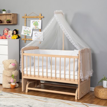Bamgidoo Mobilya Bamgidoo Ahşap Organik Beşik Anne Yanı Beşik 3 Kademeli Lüx Bebek Beşiği 60 x 120 cm - Krem Güpür — 3. ürün görseli